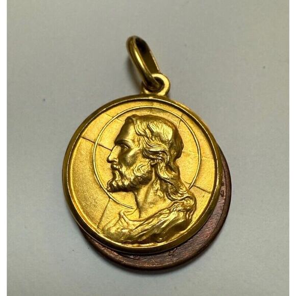 18K Yellow Gold Pendant Estate Jesus Christ Dio Ti Protegga Medal - Picture 9 of 9